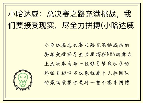 小哈达威：总决赛之路充满挑战，我们要接受现实，尽全力拼搏(小哈达威集锦)