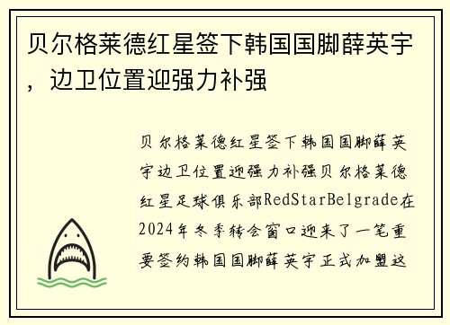 贝尔格莱德红星签下韩国国脚薛英宇，边卫位置迎强力补强