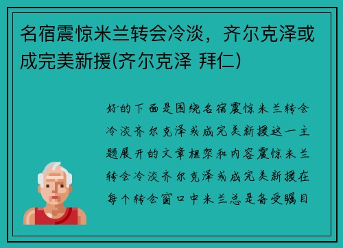 名宿震惊米兰转会冷淡，齐尔克泽或成完美新援(齐尔克泽 拜仁)